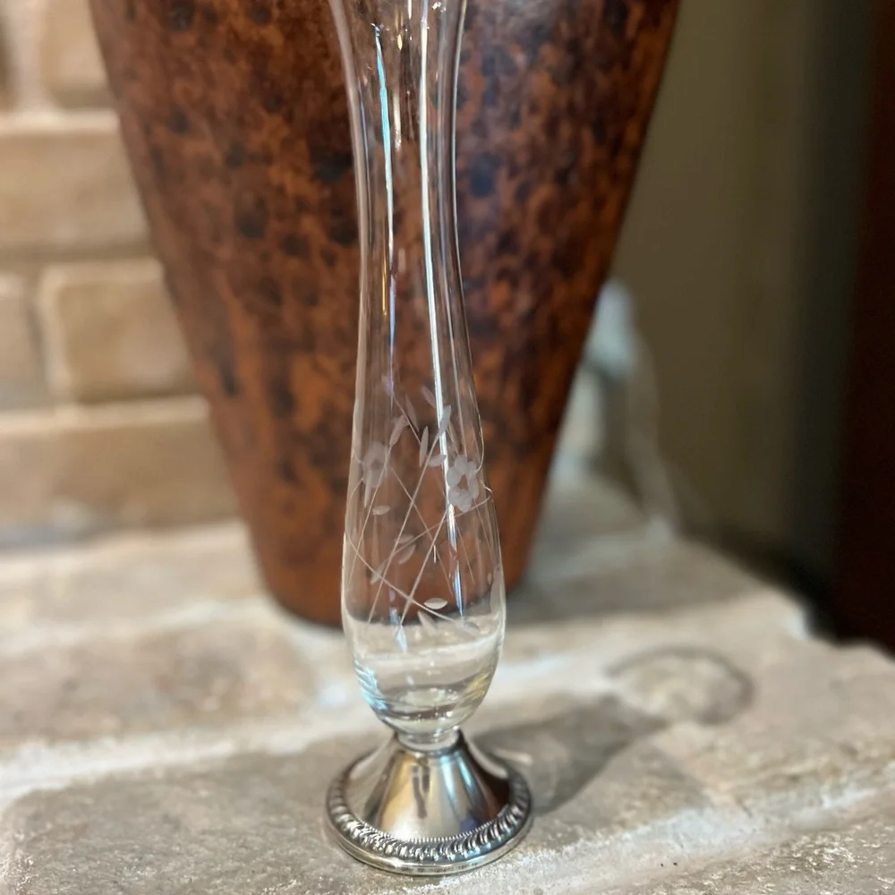Vintage Duchin Creation Sterling Weighted Bud Vase Crystal Etched Flowers